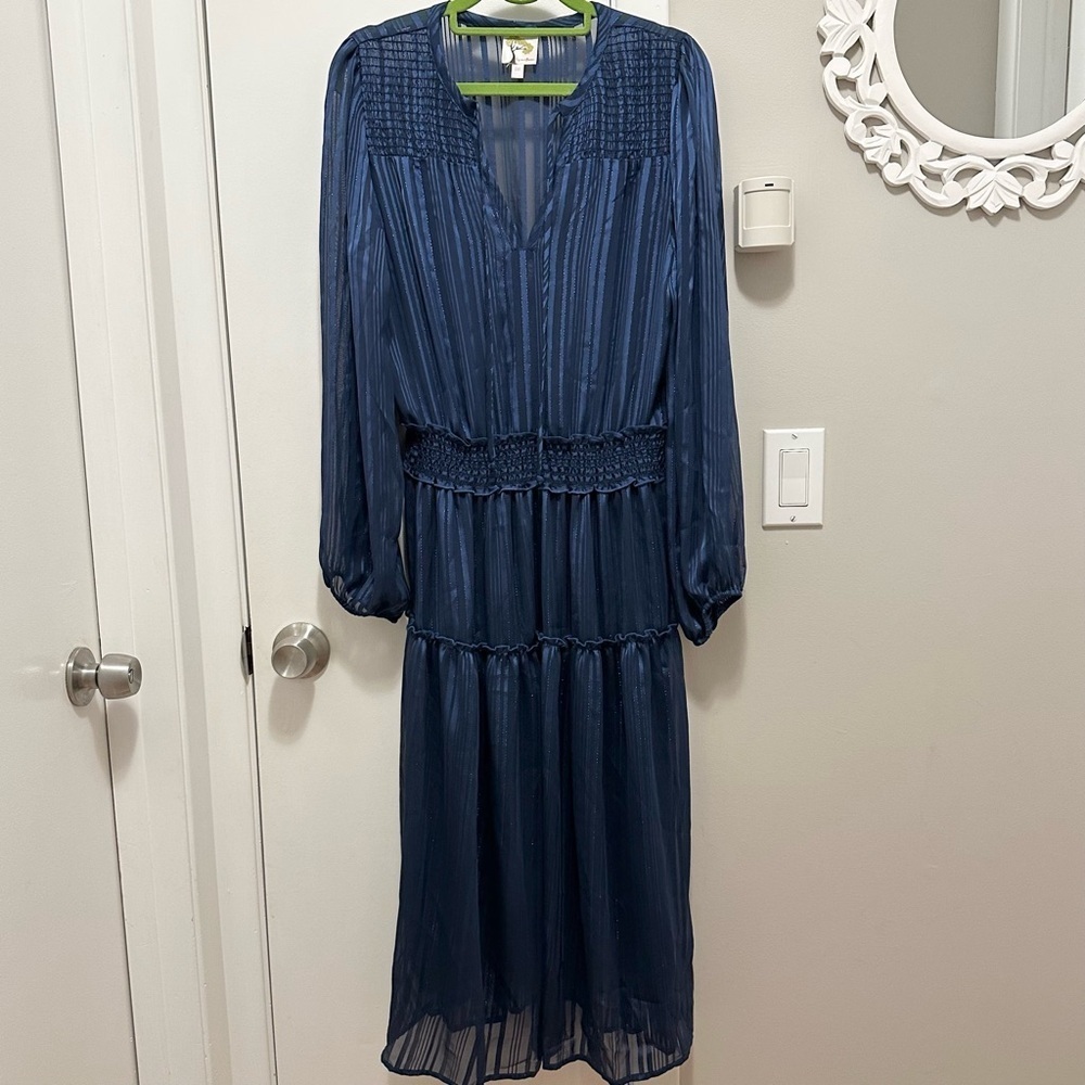 Anthropologie Fig and Flower Blue & Metallic Long Sleeve  Tier Midi Dress Size M
